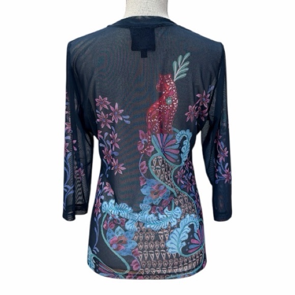 Jade Johnny Was Natalie 3/4 Sleeve Mesh Top with Peacock Floral Blouse Navy Sz L - Picture 8 of 9